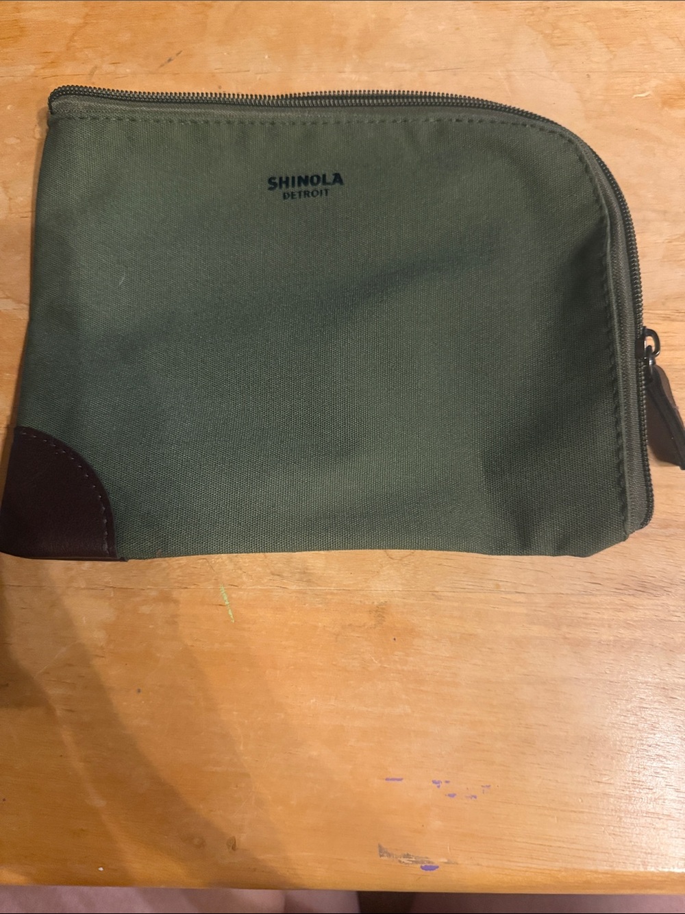 Shinola Olive Canvas Toiletry Pouch with Brown Leather Accent